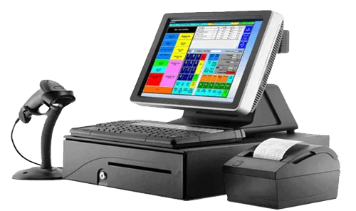 POS system with touch screen terminal, barcode scanner, cash drawer and receipt printer